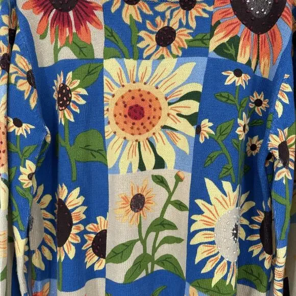 NorthStyle Sweater Womens Large Sunflower Floral Pullover Blue Beige Knit Boho L - Picture 11 of 12